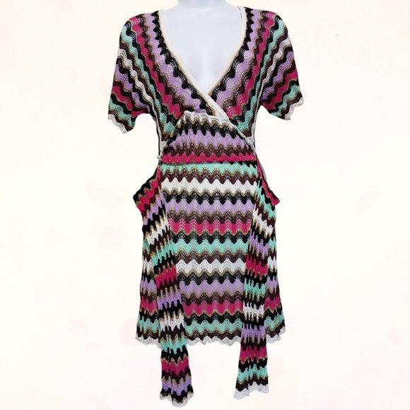 Guess Vintage Zig Zag Stretchy Metallic Gold Knit Fabric Belt Mini Dress Size S - Picture 2 of 16